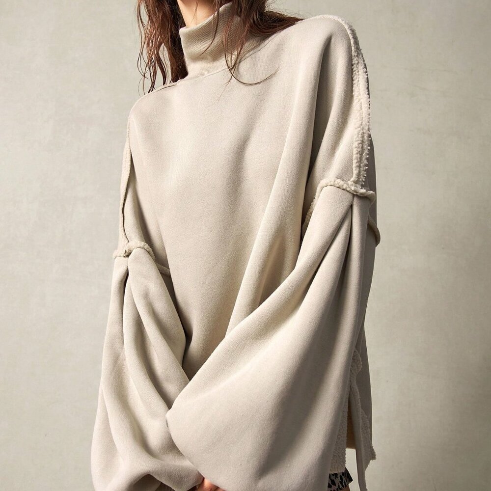 Grey Casual Women's Knitted Turtleneck Lantern Sleeve Loose Sweatshirt